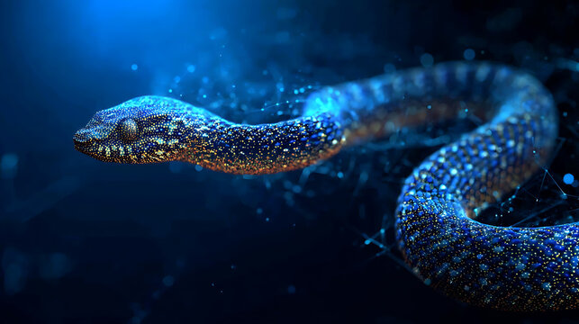 A mysterious viper swims through the dark blue abyss, its scales shimmering with bioluminescent light. Particles of light dance around its body, creating an ethereal and otherworldly atmosphere