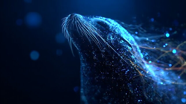 Abstract glowing seal with flowing ethereal particles on a dark blue background