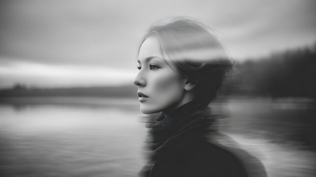 A double exposure portrait of a woman with a pensive expression, overlaid with a blurred landscape. The black and white image evokes a sense of introspection and moodiness