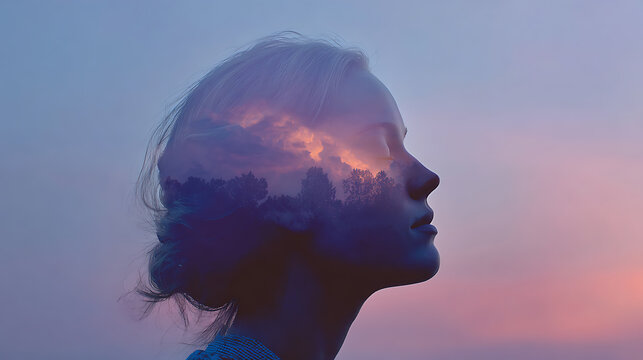 A woman's profile is superimposed with a dramatic sky filled with clouds and twilight hues, symbolizing introspection and imagination