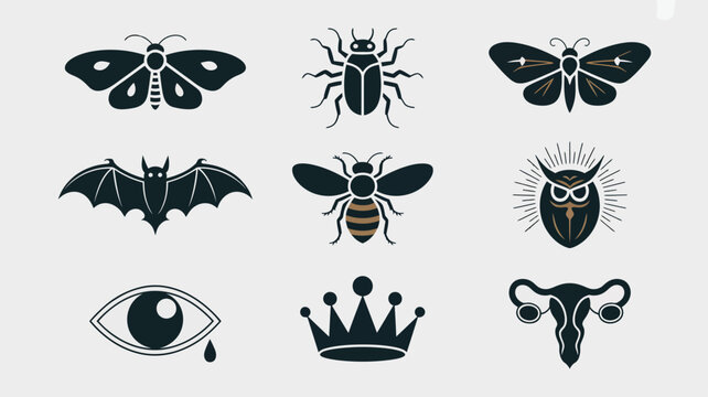 Collection of dark symbolic icons featuring insects, animals, eye, crown, and anatomical symbol