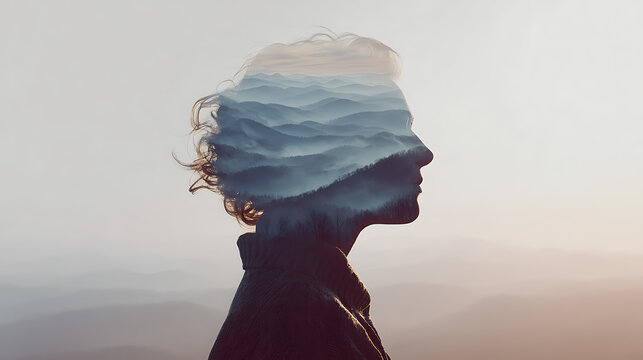 A double exposure photograph featuring a woman's profile superimposed with a seascape, creating a surreal and introspective mood