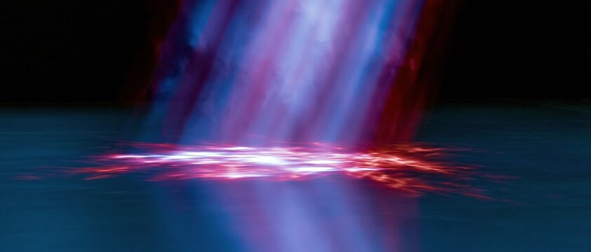 Dramatic red and blue light beams descending onto a dark matte floor surface for biohacking and red light therapy concepts