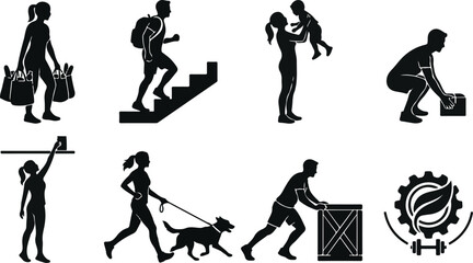 Fototapeta premium Functional fitness and incidental exercise silhouette icon set featuring daily activities like lifting carrying climbing stairs and dog walking