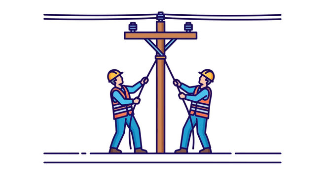 Electricians working on power pole, installing or repairing overhead power lines