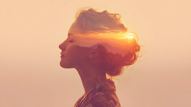 A double exposure photograph of a woman's profile overlaid with a landscape during sunset, creating a sense of introspection and connection with nature
