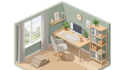 Naklejka premium Calm Minimal Home Office Interior Isometric Vector Illustration Cozy Workspace with Desk Computer Plants and Natural Light