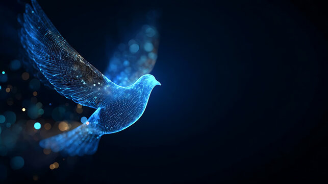 A futuristic, glowing blue dove composed of digital particles flies through a dark expanse, symbolizing hope and freedom. The ethereal bird emits a soft luminescence.