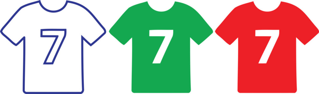 Three t-shirts with number 7: white, green, and red clothing seven