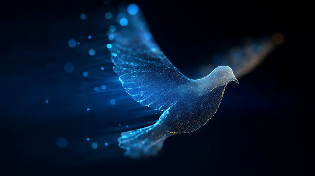 A glowing blue dove is depicted with ethereal particles trailing behind it against a dark background, symbolizing peace and transcendence