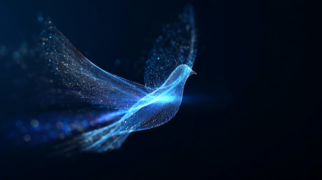 A glowing digital bird made of particles in flight against a dark blue background, symbolizing peace and technology