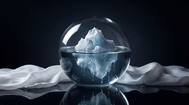 Environmental Global Warming Concept with Iceberg Floating inside Clear Glass Sphere Globe