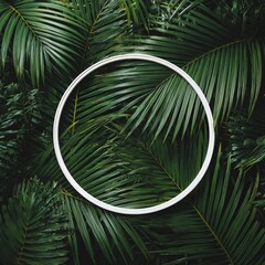 Lush Green Palm Leaves with a White Circle Frame. © Kelima