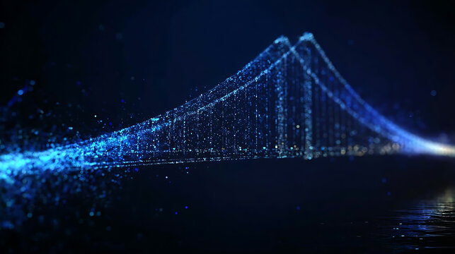 Digital rendering of a suspension bridge constructed from glowing blue particles, with a luminous light source in the distance