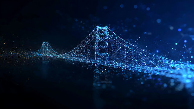 A digital rendering of a suspension bridge constructed from glowing blue particles against a dark background, representing connectivity and technology