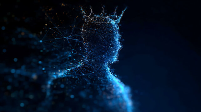 A stylized silhouette of a crowned figure composed of interconnected glowing blue particles against a dark background, symbolizing artificial intelligence or digital consciousness