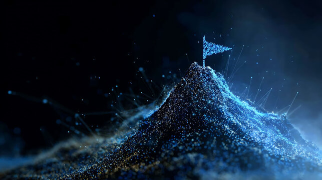 A digital mountain peak with a glowing flag, representing achievement and technological advancement in a dark, ethereal landscape