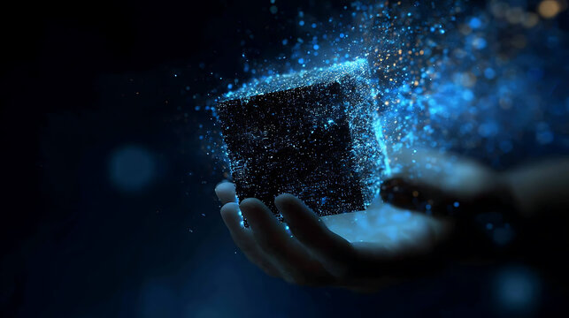 A hand holding a glowing cube that is disintegrating into a cloud of shimmering particles against a dark, blurred background. The particles emit a bright blue light.
