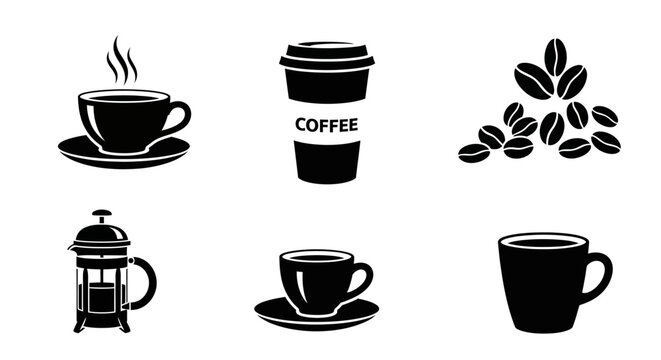 Coffee icons: cup, french press, beans, takeaway cup