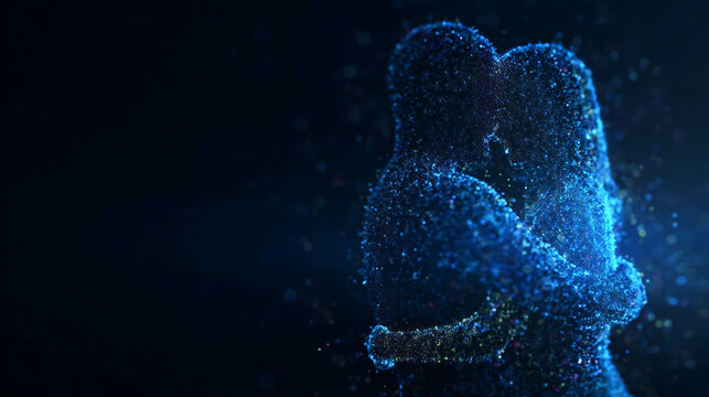 Abstract digital art depicting a couple embracing, formed from glowing blue particles against a dark, starry background. The particles subtly shift and swirl.