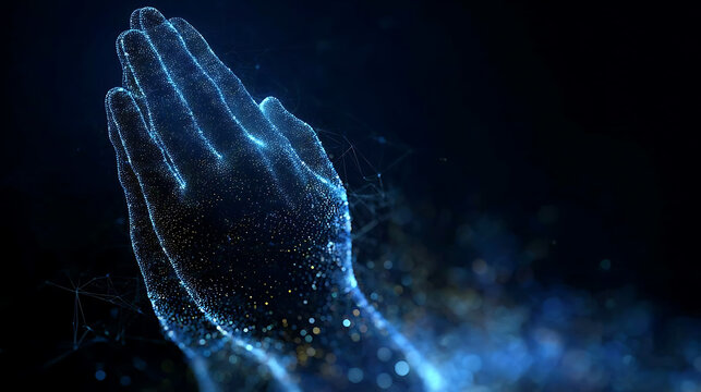 A glowing ethereal representation of hands clasped in prayer, set against a dark, abstract background with subtle luminous particles swirling around
