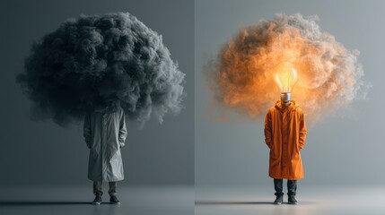 Obraz premium A conceptual image showing two figures with cloud-like heads, one dark and stormy, the other glowing with a bright lightbulb.