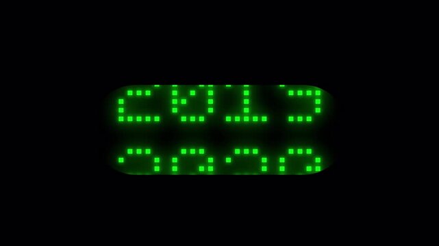 Digital green Led light year counter from 2015 to 2027 animation on transparent background, 2027 3d year tracker animated with alpha channel.