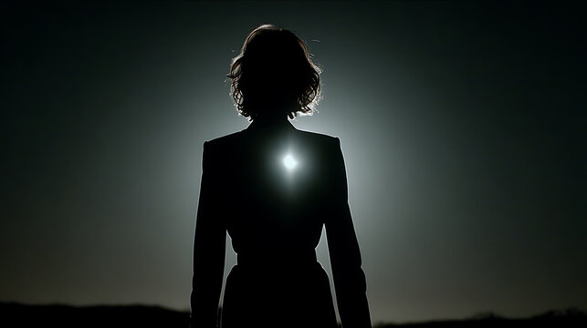 Silhouette of a woman standing against a bright light source, exuding an aura of mystery and strength