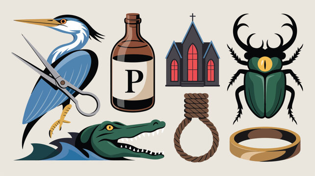 Collection of distinct flat illustrations featuring a blue heron, gothic church, alligator, and various objects