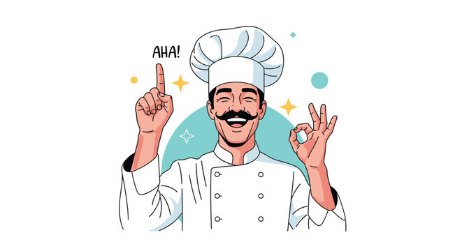 Enthusiastic professional chef in a white uniform and hat makes an okay hand gesture and says aha against a bright turquoise circular background.