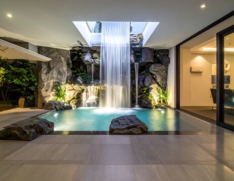 Modern indoor spa pool with artificial rock waterfall and ambient lighting