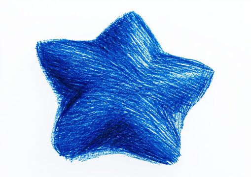 Blue Star Crayon Drawing on White Background, Artistic Illustration.
