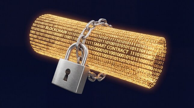 Secure blockchain technology concept with padlock and binary code