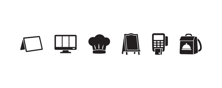 Set of restaurant and technology icons including menu, screen, chef hat, chalkboard, card reader, backpack.