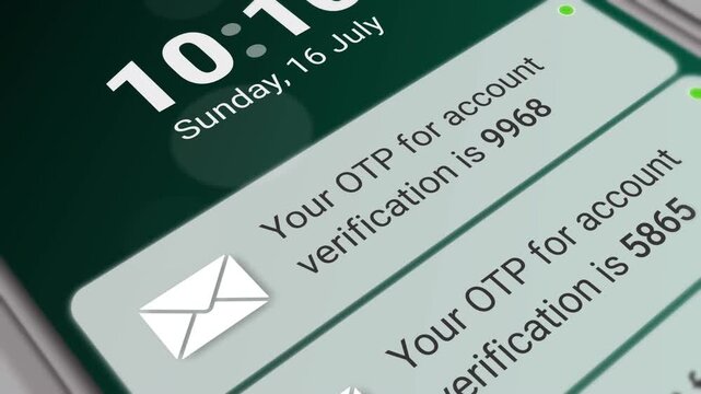OTP notification. Push notification with one-time password.  New arrived otp pop-up notification on mobile screen and scrolling step by step.