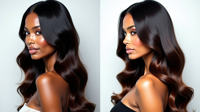 Beauty and hair transformation iteration photograph presented in a clean splitscreen or dualpanel format against