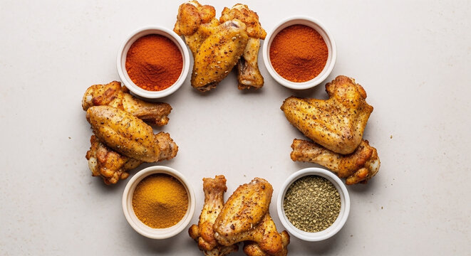A top-down view of delicious roasted chicken wings dry rub arranged in a circular pattern with small bowls filled with colorful herbs and assorted spices