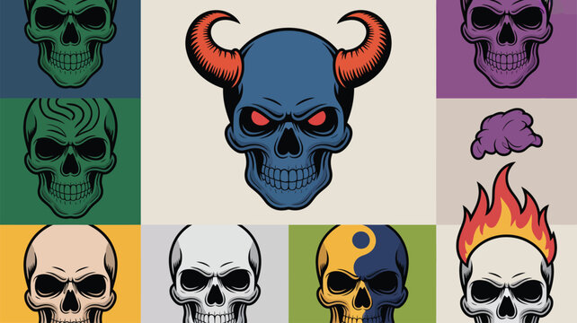 Collection of diverse skull illustrations including a horned devil skull and skulls with fire or symbolic patterns