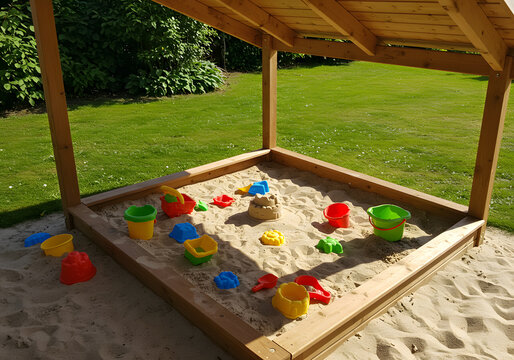 Wooden sandbox filled with play toys