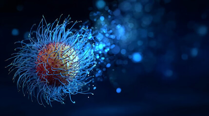 Fototapeta premium A microscopic view of a virus with its glowing blue tendrils extending outwards in a dark, abstract space. The virus particle is red and orange in the center.