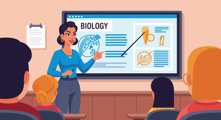 Fototapeta premium Female teacher explaining biology lesson on smartboard to students