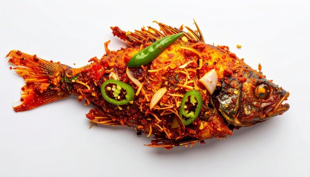 Hyderabadi Tala Hua Machli Fried Fish Isolated On White Background