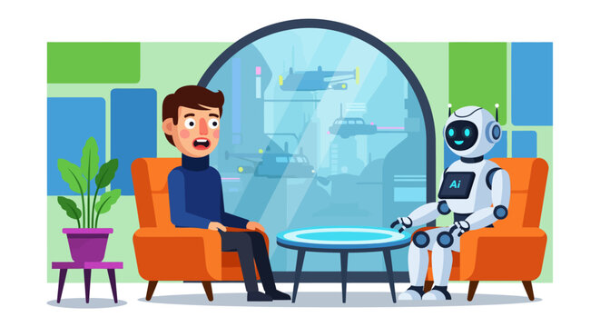 Man talking with artificial intelligence robot in futuristic room