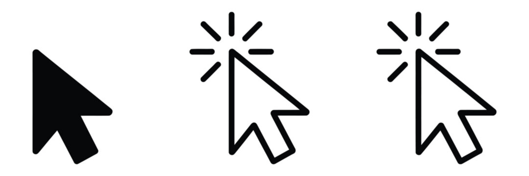 Cursor mouse click icon set featuring click arrow icons and computer mouse cursor symbols for web and application interface design.