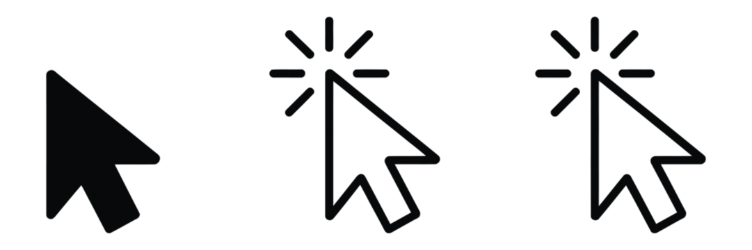 Cursor mouse click icon set featuring click arrow icons and computer mouse cursor symbols for web and application interface design.