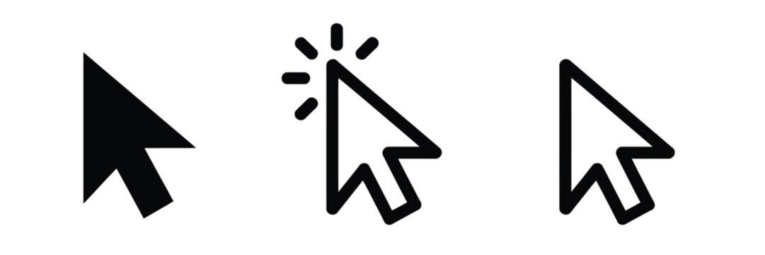 Cursor mouse click icon set featuring click arrow icons and computer mouse cursor symbols for web and application interface design.