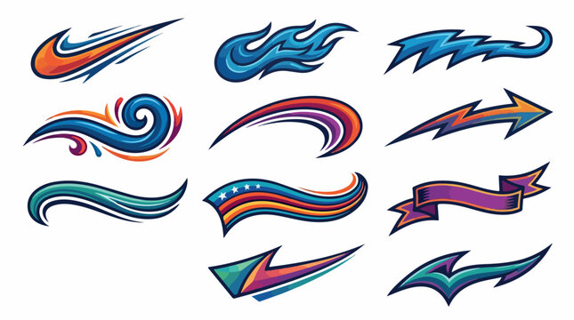 Dynamic racing decals and sports swoosh elements, set of 11 colorful speed graphics, automotive vinyl wrap stickers and athletic motion shapes