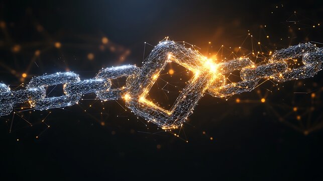 Blockchain technology digital chain consisting of glowing interconnected nodes and lines representing decentralized finance security and modern virtual data network