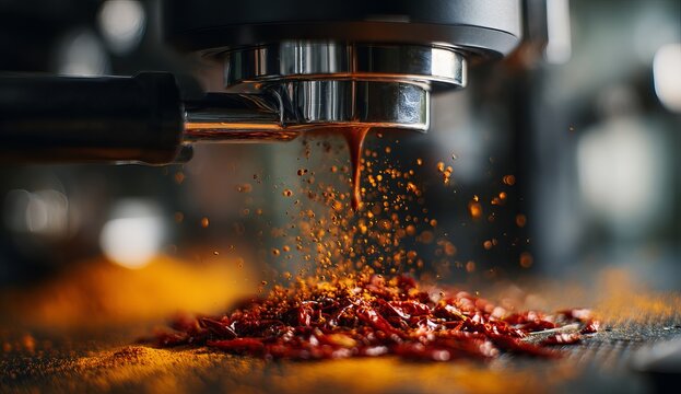 Espresso Machine Extracting Coffee Over Roasted Beans - Aromatic Brew.