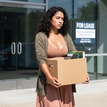 Sad young woman carrying a cardboard box of personal items out of a glass office building.